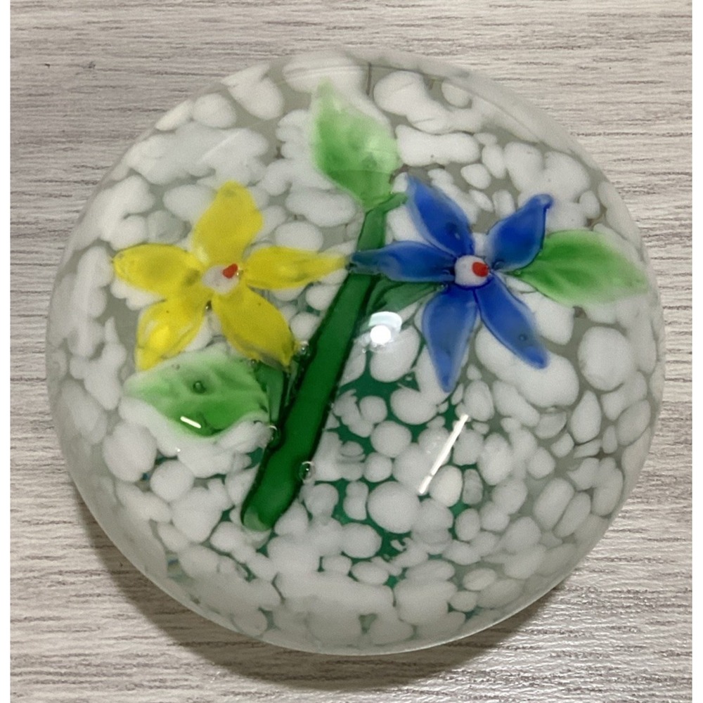 Art Deco Glass Paperweight 2.75x2"‎ Multicolor Two Flowers on Stem w/White Speck